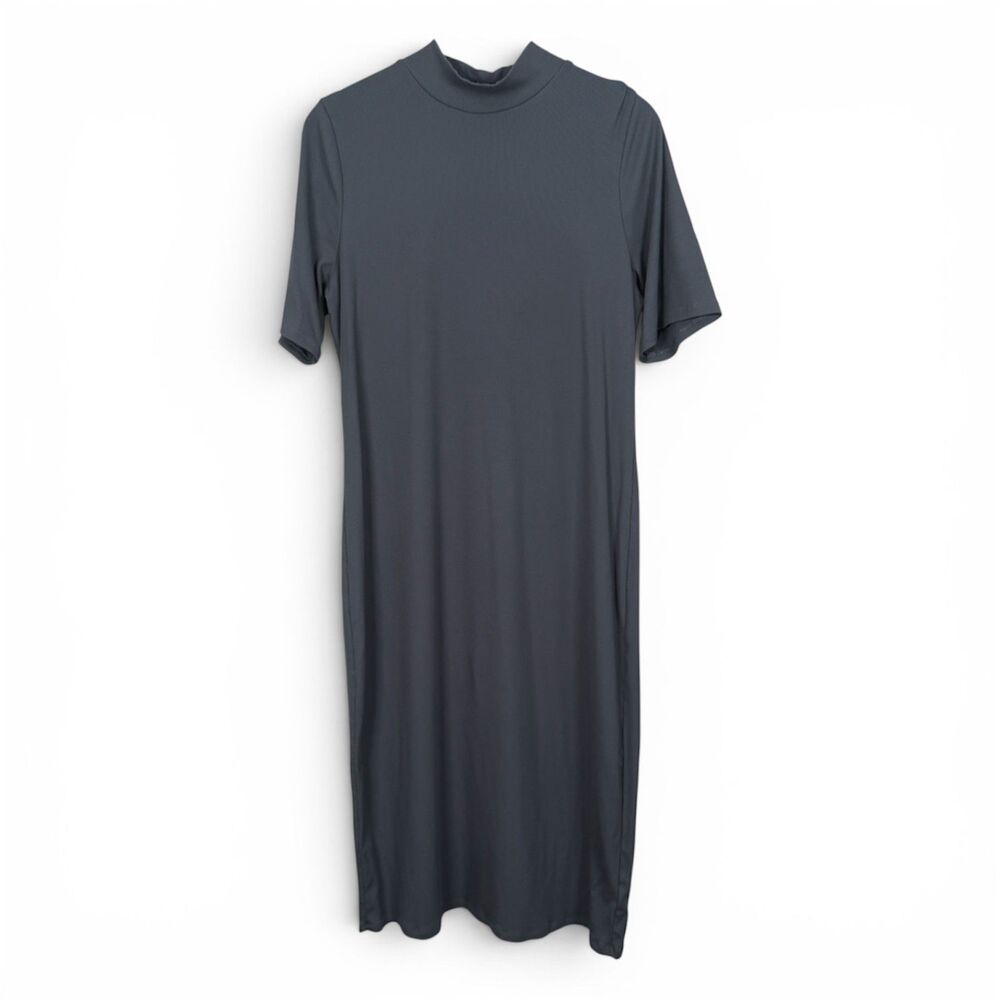 Athleta Signature Rib Mock Neck Midi Dress Gray Modal Blend Stretch Women XL